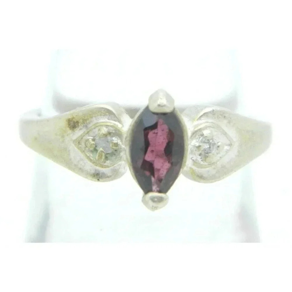 .925 Sterling Silver Almandine Garnet Clear Rhinestone Ring Size 7 Vintage